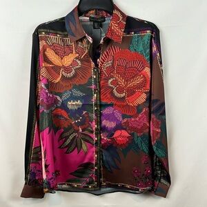 House of Harlow 1960 Floral‎ Printed Fuchsia Brown Satin Long Sleeve Blouse Sz S